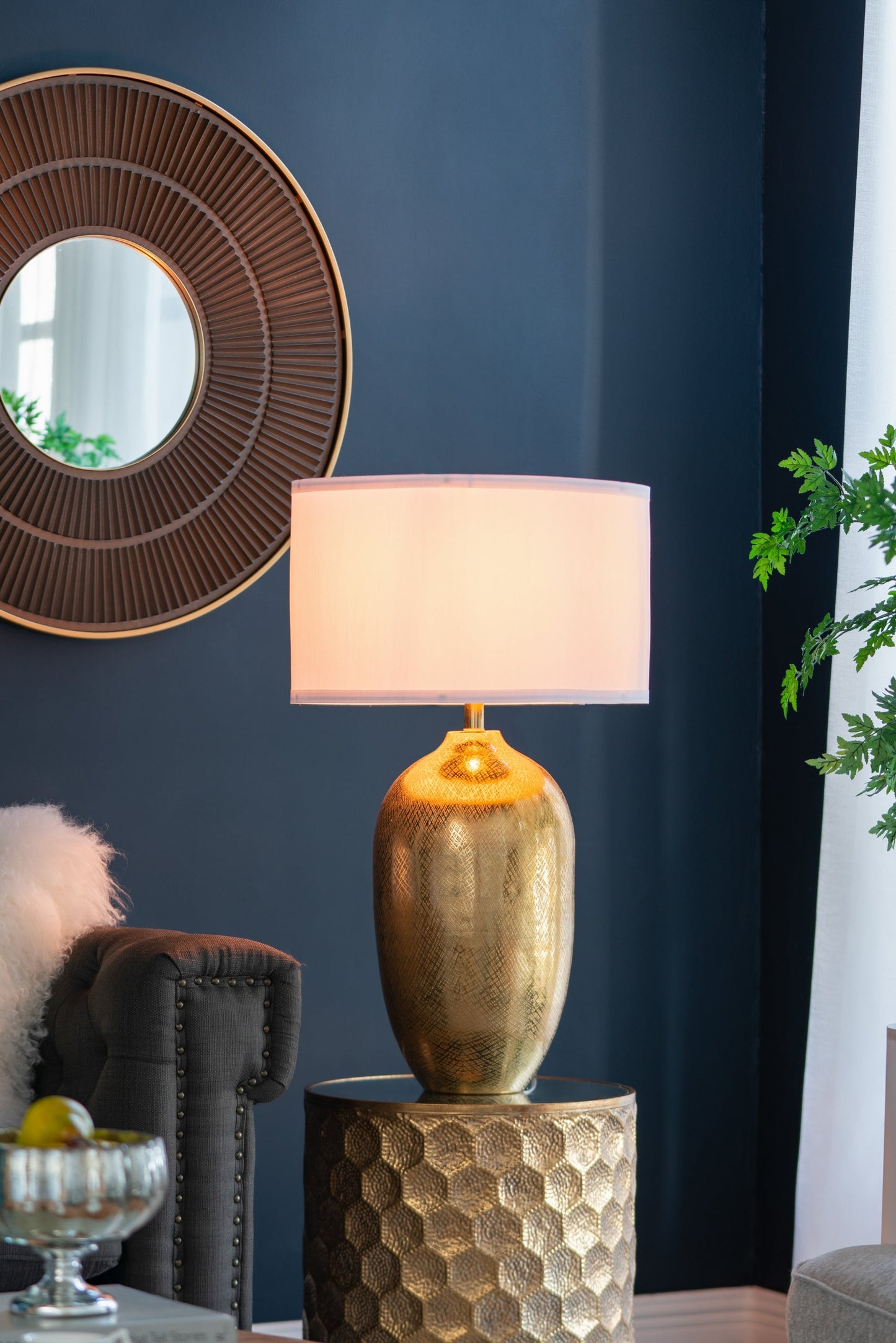 D18x31" Round Aluminum Sheet Gold Table Lamp with White Fabric Shade