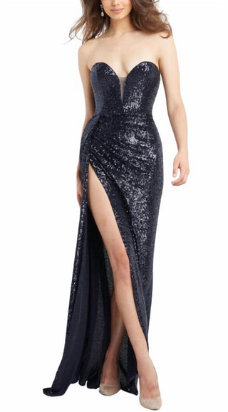 Jovani - Strapless sequin gown high slit