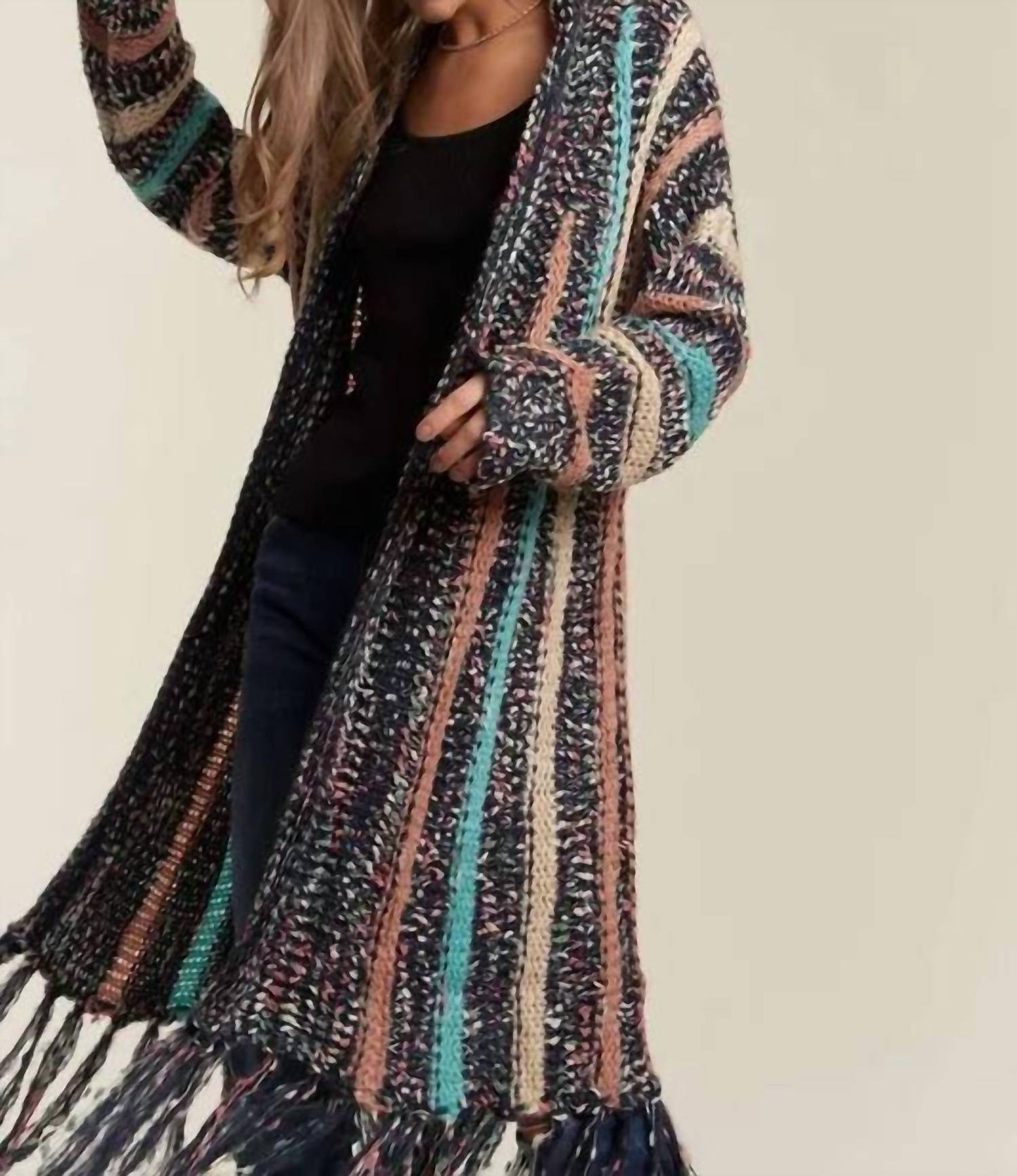 Trendsi - Adora Multi Colour Sweater Long Cardigan With Fringes