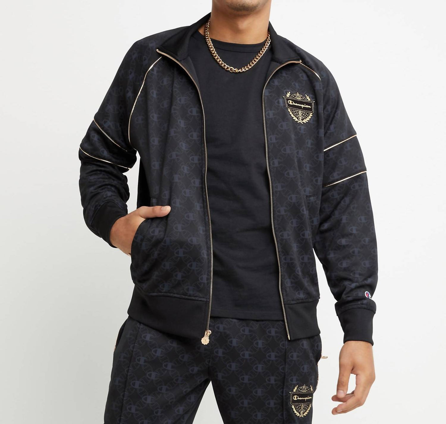 Champion - Men's Track Jacket, Printed with Champion Script Gold Crest C Logo AOP