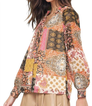 Entro - Daphne Patchwork Print Chiffon Long-sleeve Top