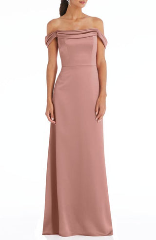 Dessy Collection Off the Shoulder A-Line Charmeuse Gown in Desert Rose, Size 8