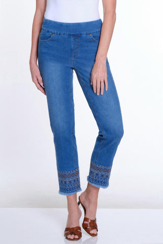 Slimsation By Multiples - Pull-on Solid Denim Ankle Jean With Embroidered Hem