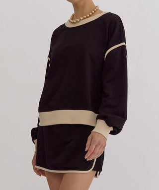 Entro - Solid Contrast Trim Long Sleeve Top
