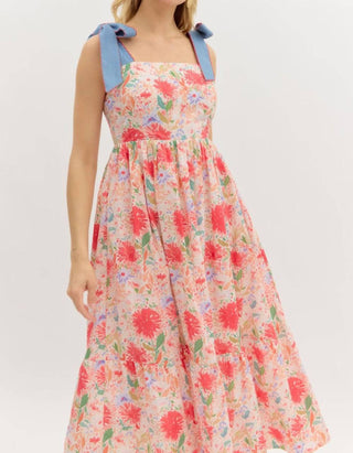 Entro - Floral Print Tie Shoulder Midi Dress