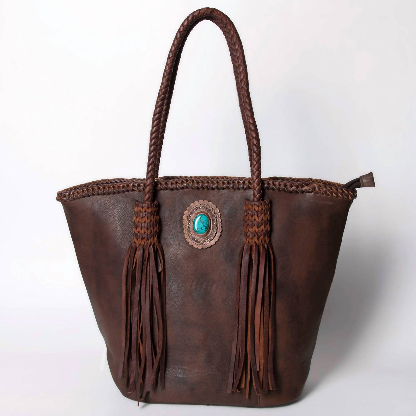 American Darling - Women's Turquoise Braided Handle Fringe Shoulder Tote Bag
