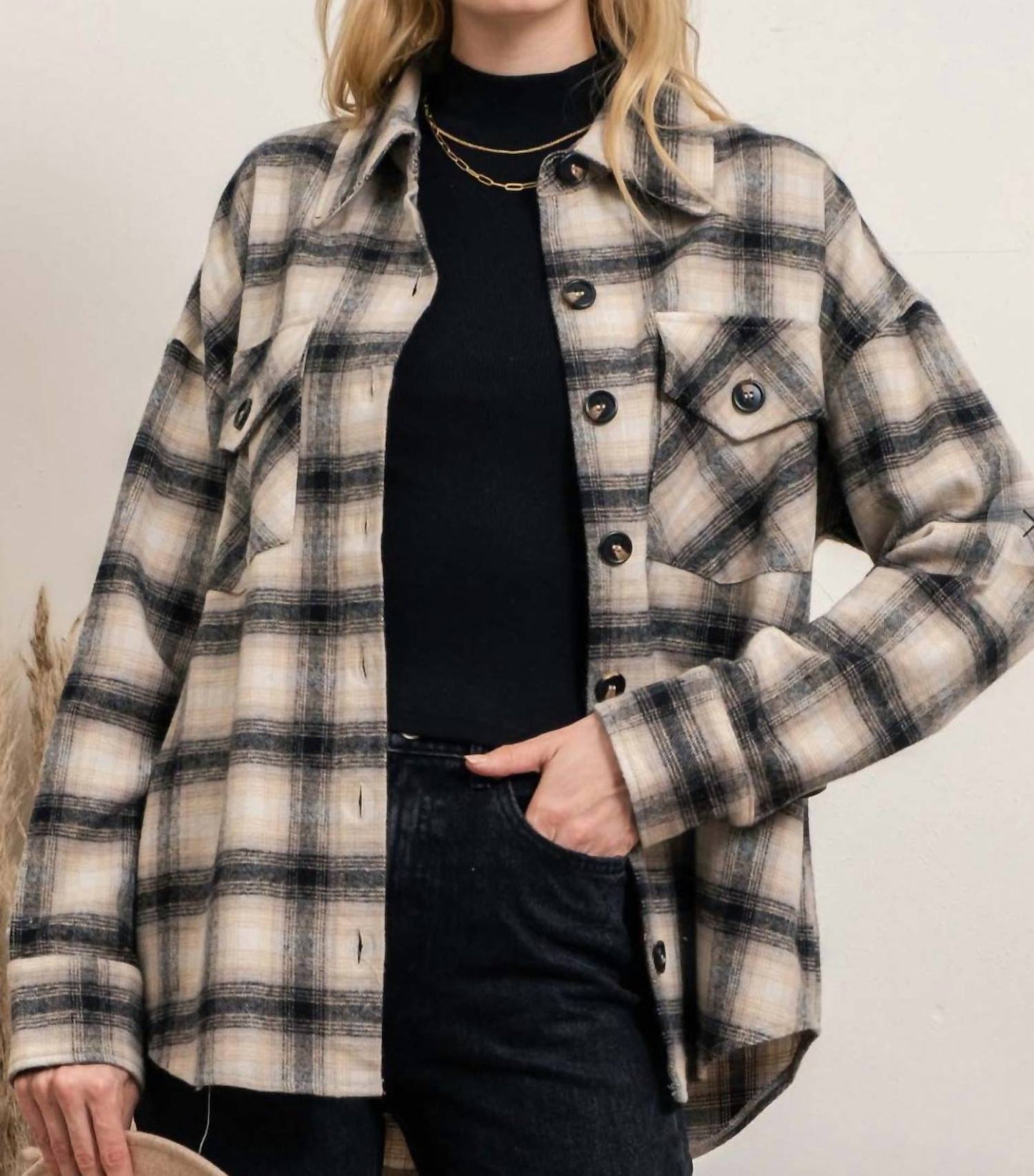 Blu Pepper - Extended Shoulder Plaid Shacket