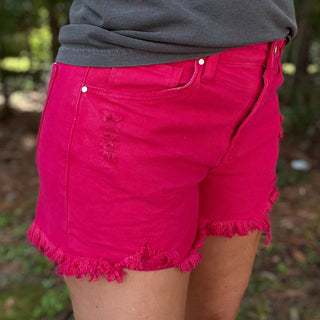 Risen - Rebecca Mid Rise Fuchsia Denim Shorts