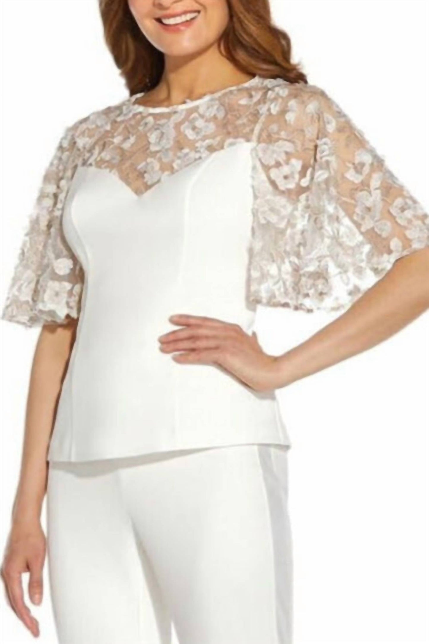 Adrianna Papell - Bell Sleeve Zipper Back Illusion Embroidered Crepe Top