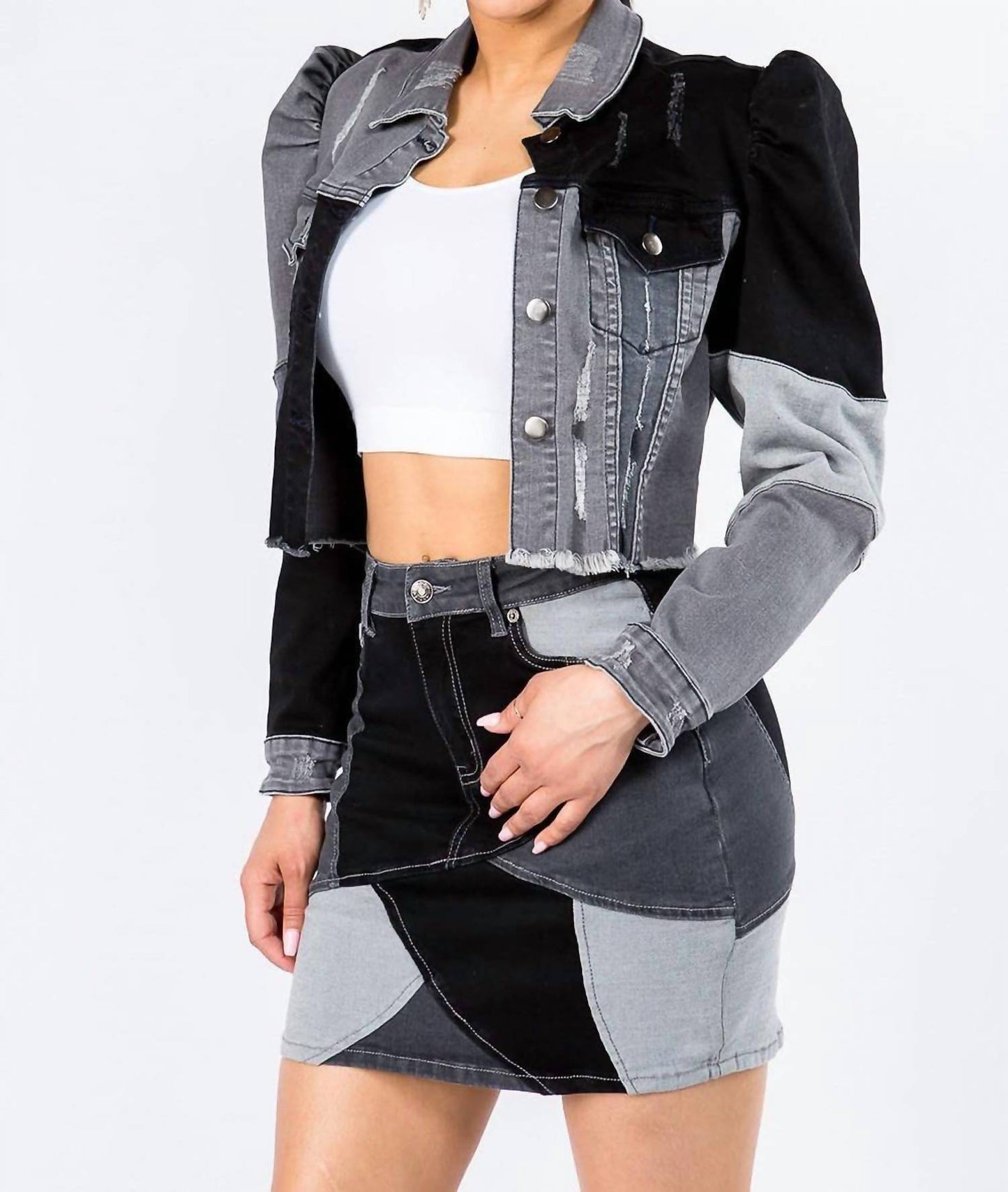 American Bazi - Trendy Cropped Denim Jacket With Puff Sleeves