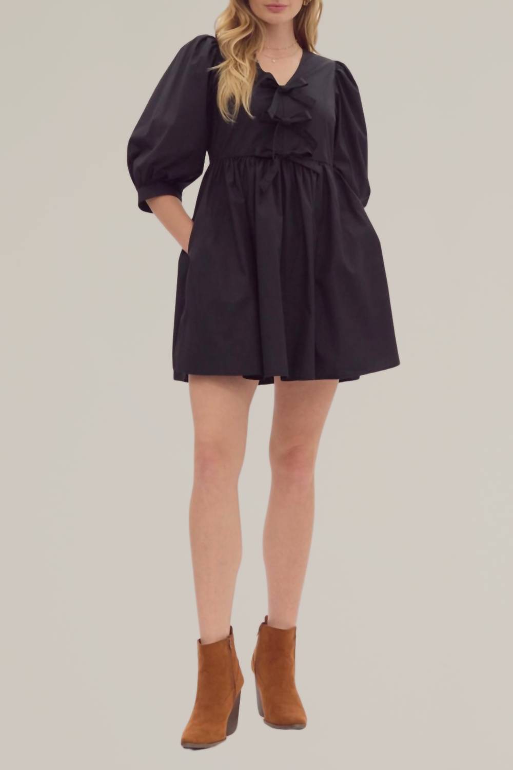 Entro - Puff Sleeve Tie Front Dress