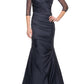 La Femme Satin Pleat Mermaid Gown in Navy, Size 6