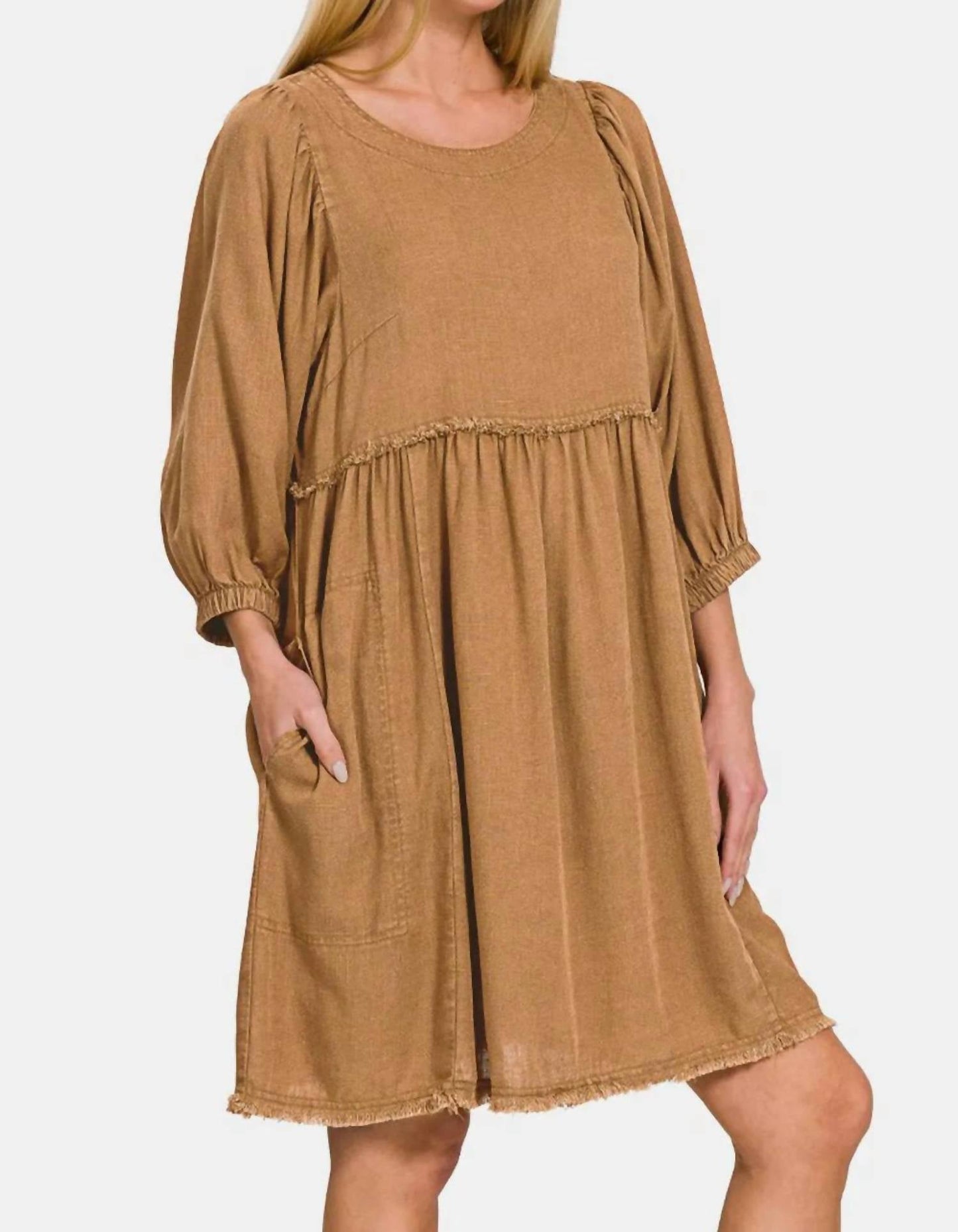 Zenana - Washed Linen Pleated Puff Sleeve Babydoll Dress
