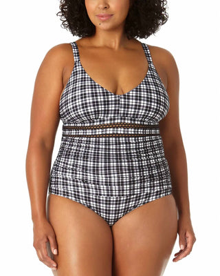 Anne Cole - Women's Ann Box Plaid Trim Insert One Piece
