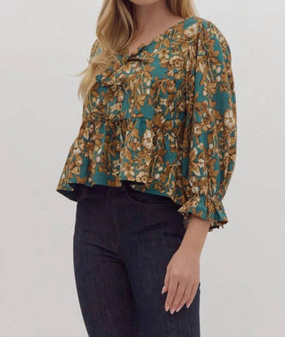 Entro - Sutton Floral Print 3/4 Sleeve Peplum Top