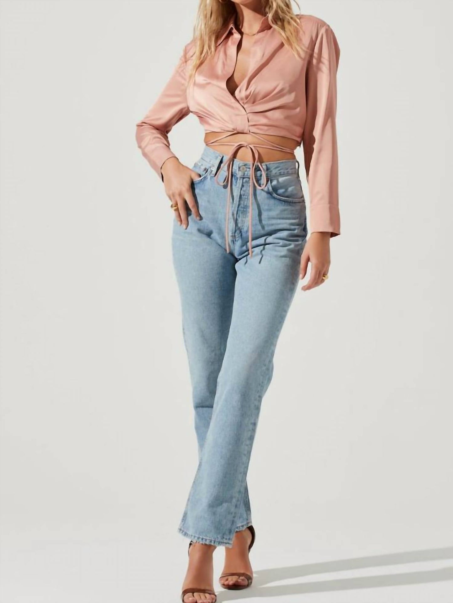 Astr - Perry Satin Wrap Front Tie Waist Top