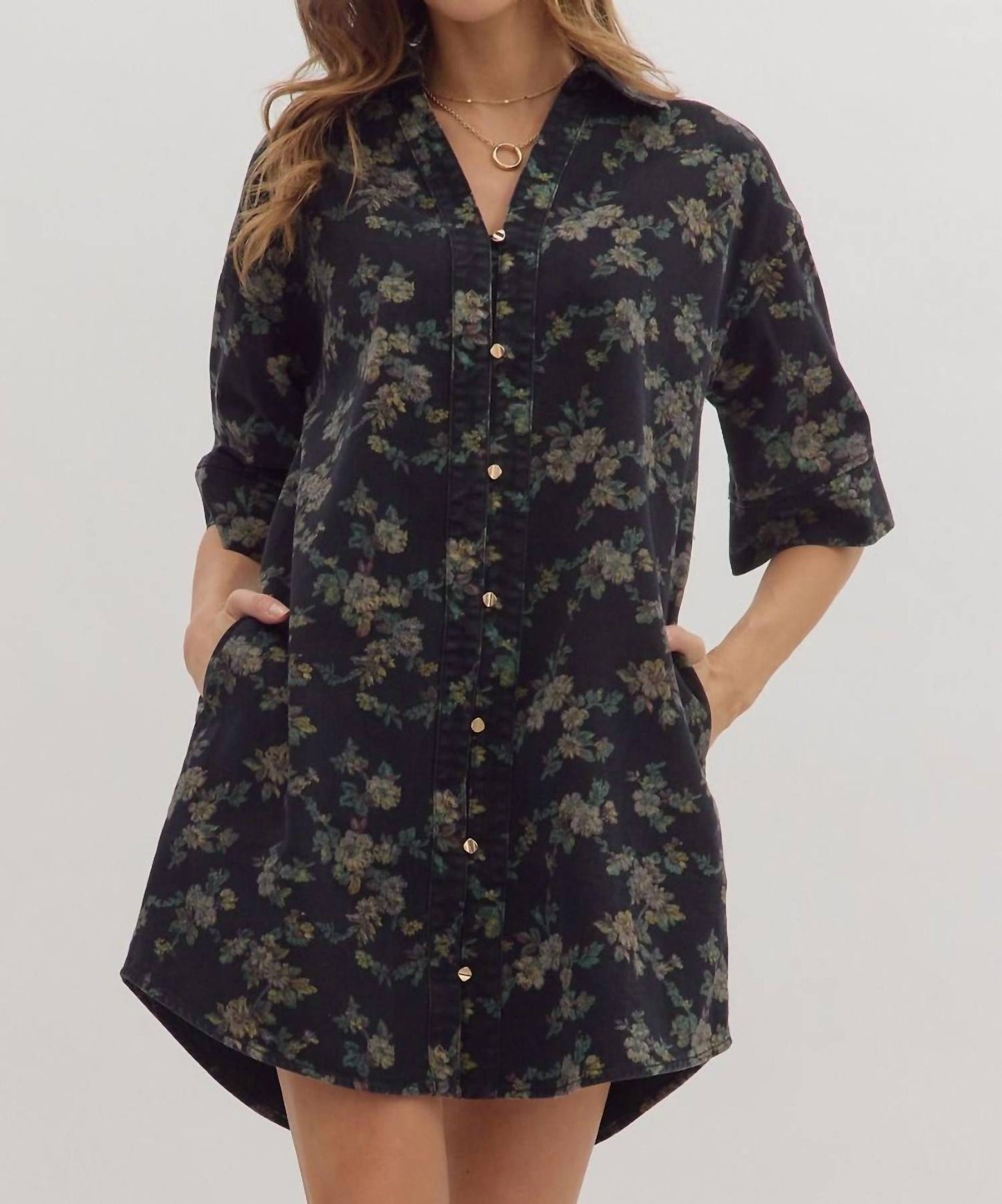 Entro - Floral Half Sleeve Button Mini Dress