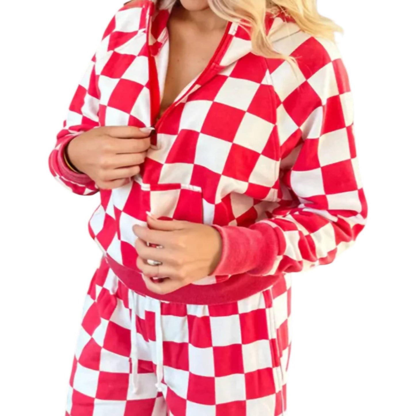 1 With Women - Checkered Print Half Zip Hoodie Loose Pant Set