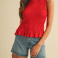 Anniewear - Smocking Detail Ruffle Hem Knit Top