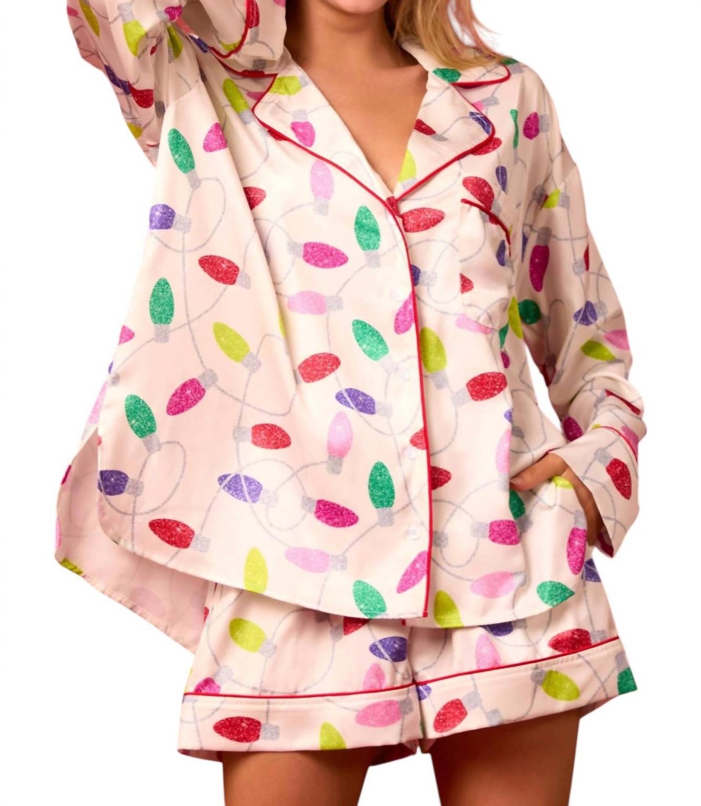 Peach Love - Satin Christmas Lights Prints Pajama Set
