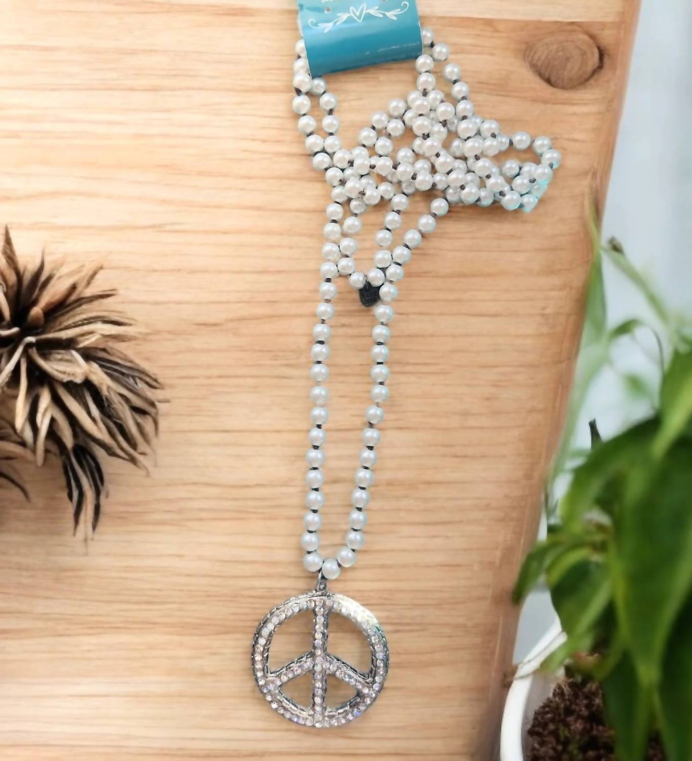 A Rare Bird - Pearl & Rhinestone Peace Sign Necklace