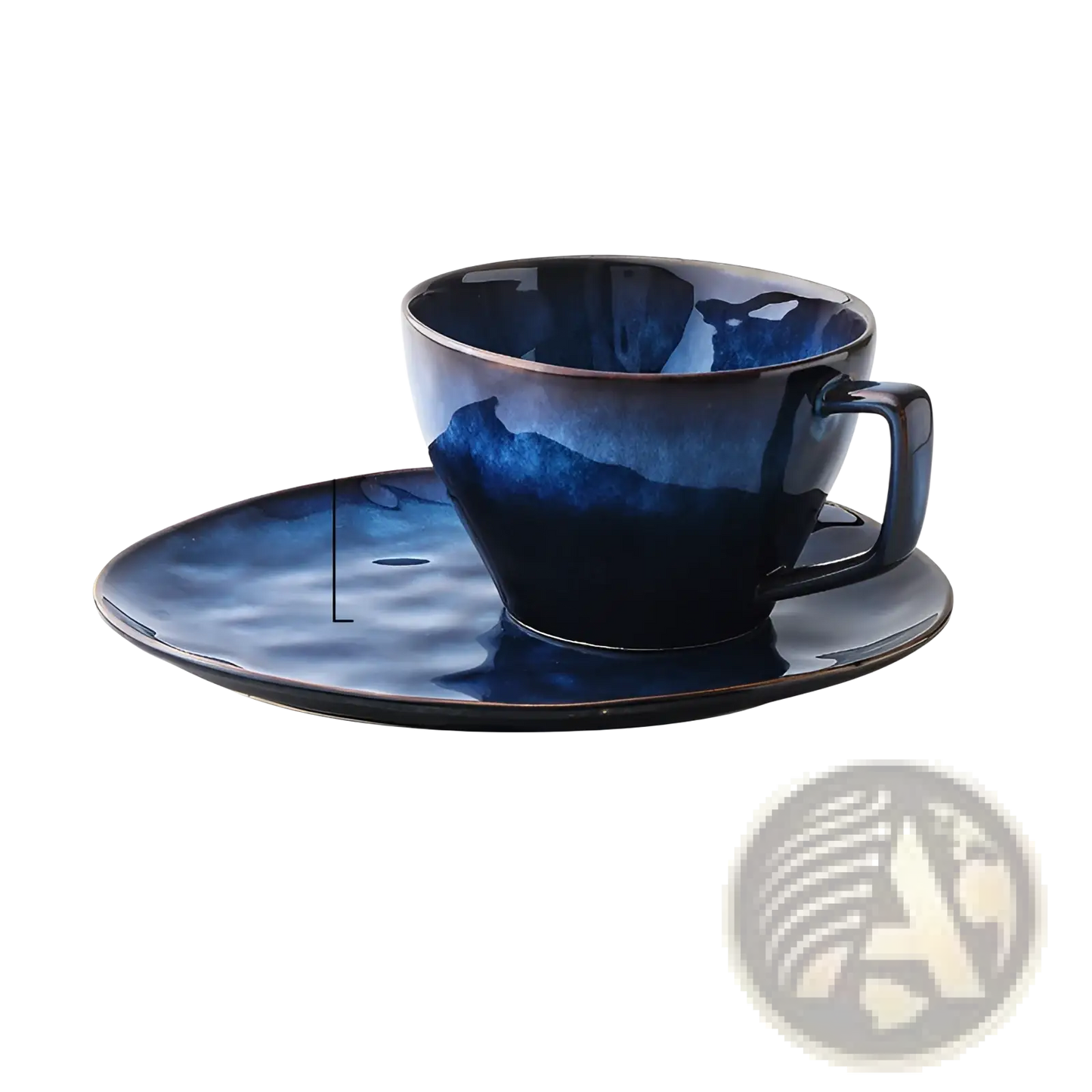 Ceramic Coffee Mug and Saucer Set in Deep Blue Glaze