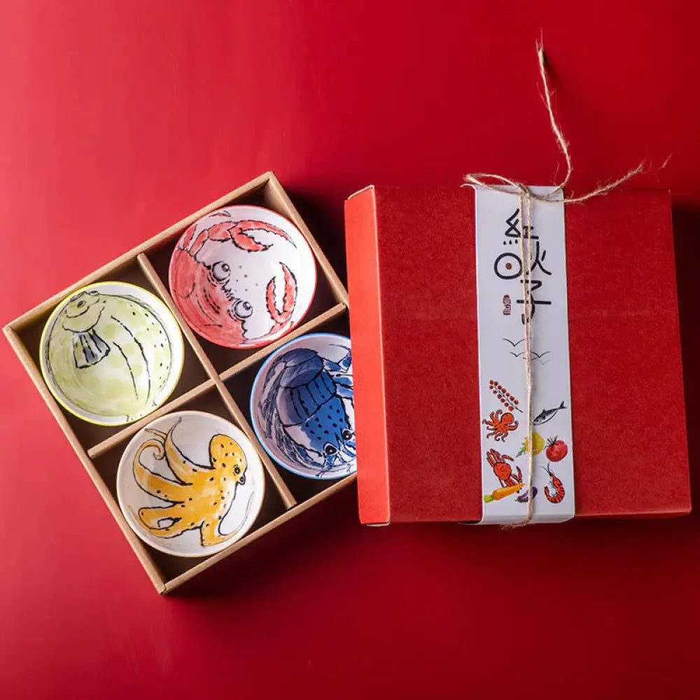 Hand-painted Marine Ceramic Bowl Gift Set with Wooden Box
