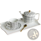 Ceramic Tea Set with Plaid Teapot and Gold Trim Tray