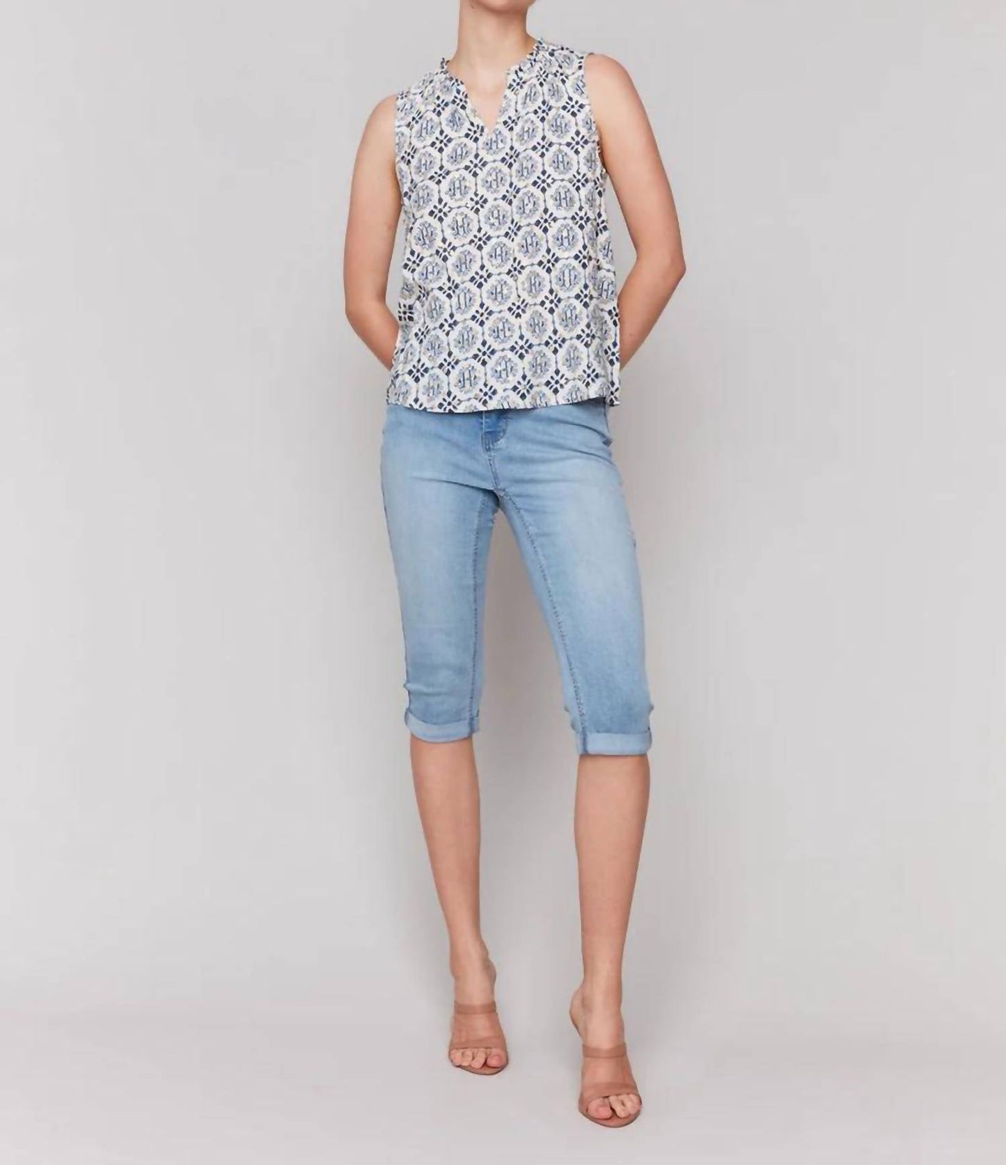Charlie B - Ruffle Collar Geometric Pattern Blouse