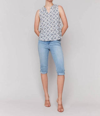 Charlie B - Ruffle Collar Geometric Pattern Blouse