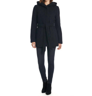 Coffeeshop - Hooded Boucle Coat With Waist Tie