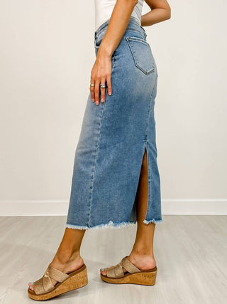 Risen - High-rise Frayed Long Denim Pencil Skirt