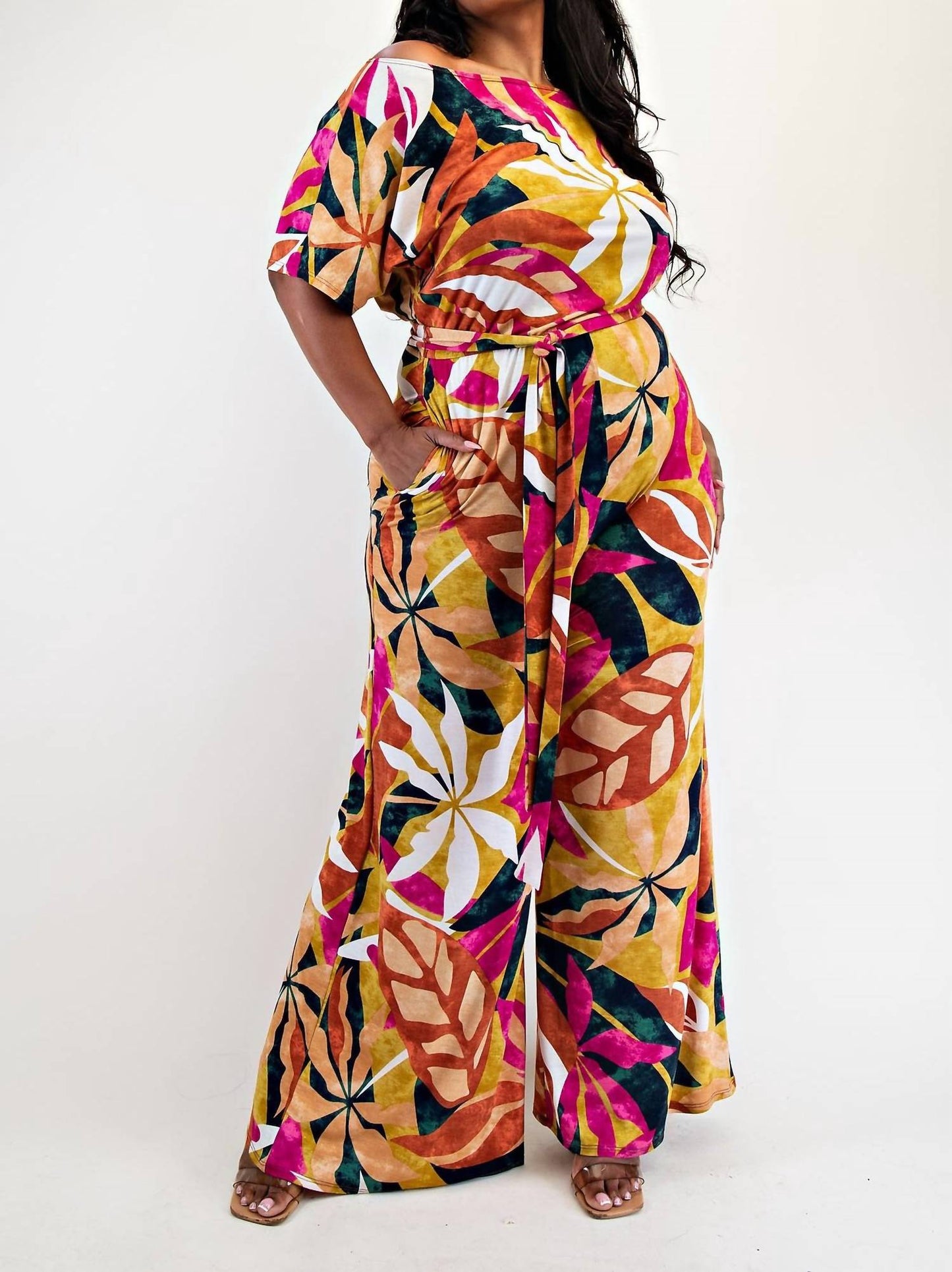 The Curve La - Plus Size Off The Shoulder Wide Leg Jumpsuit