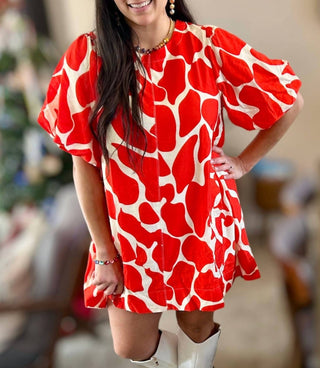 Umgee - Abstract Print Two Tone Red Dress