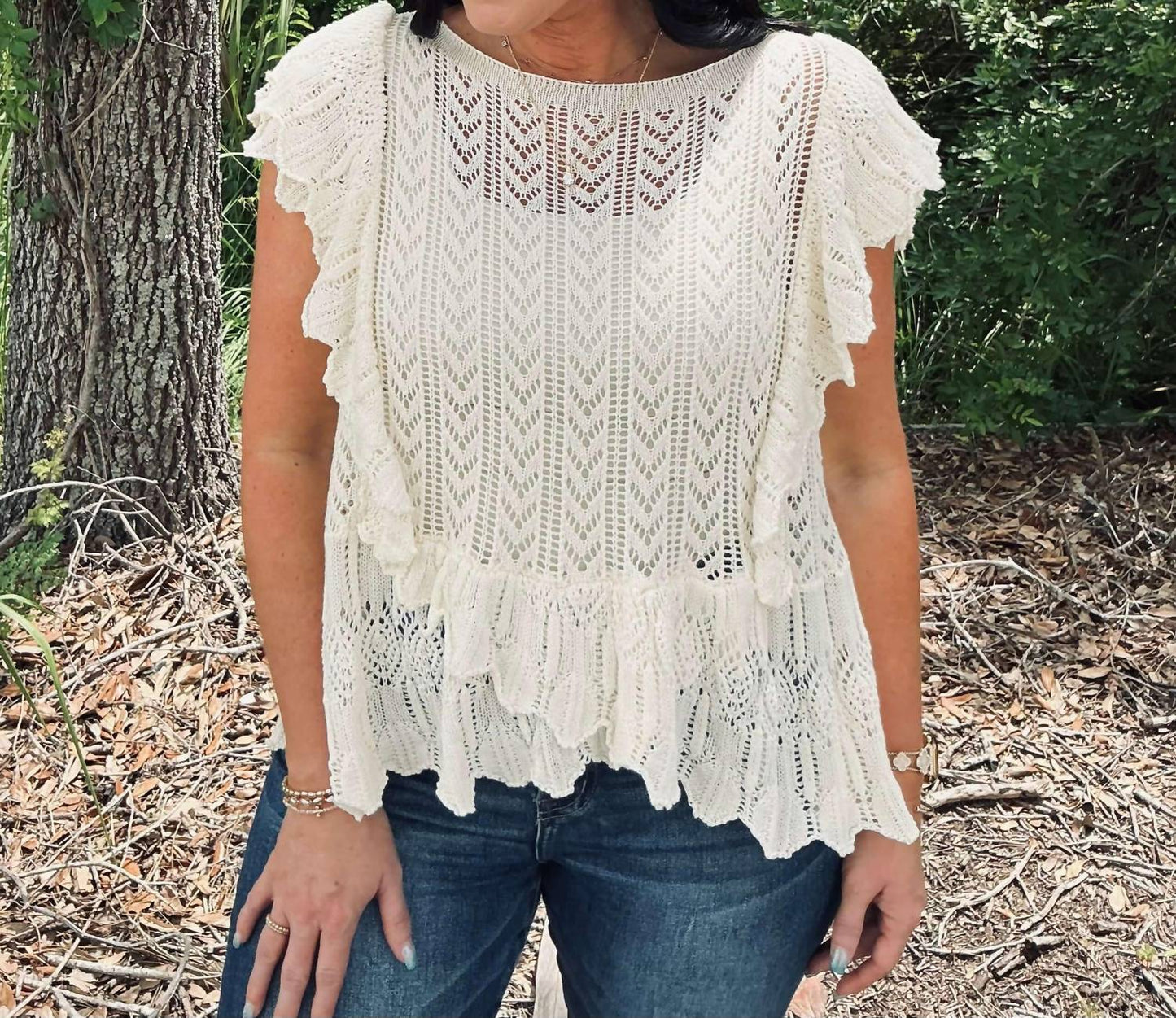 &Merci - Crochet Flutter Sleeve Sweater Top