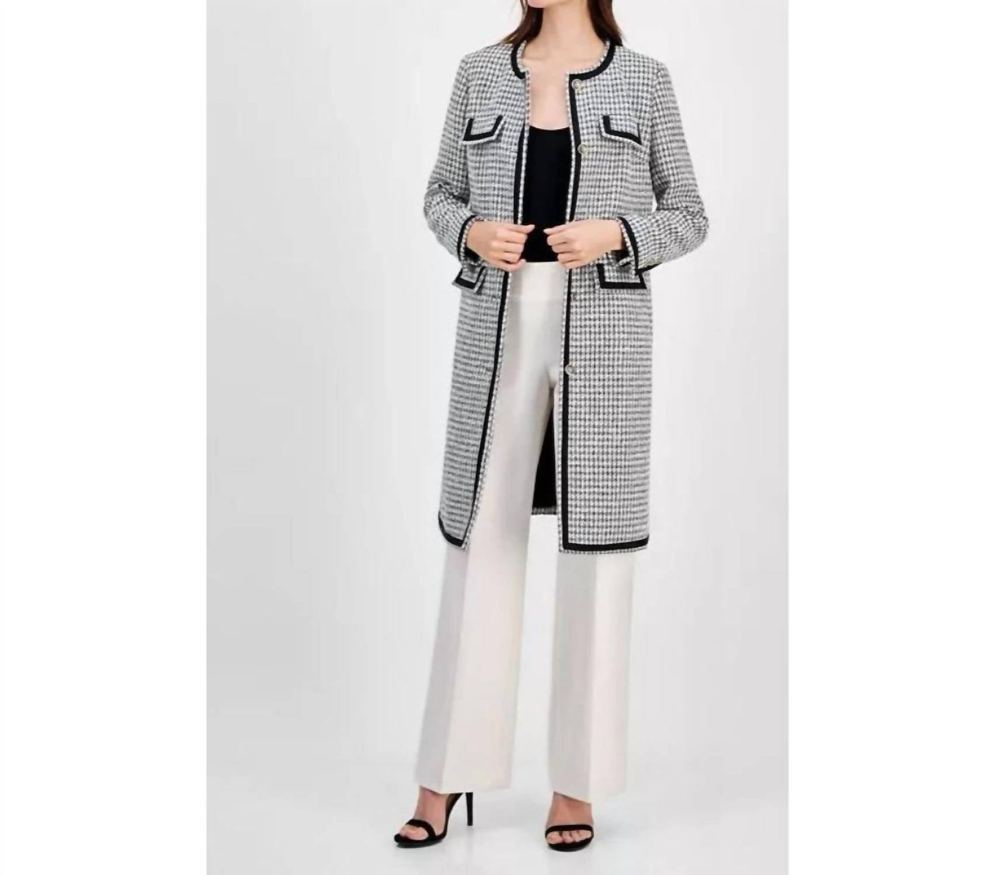 Anne Klein - Tweed Collarless Long Jacket