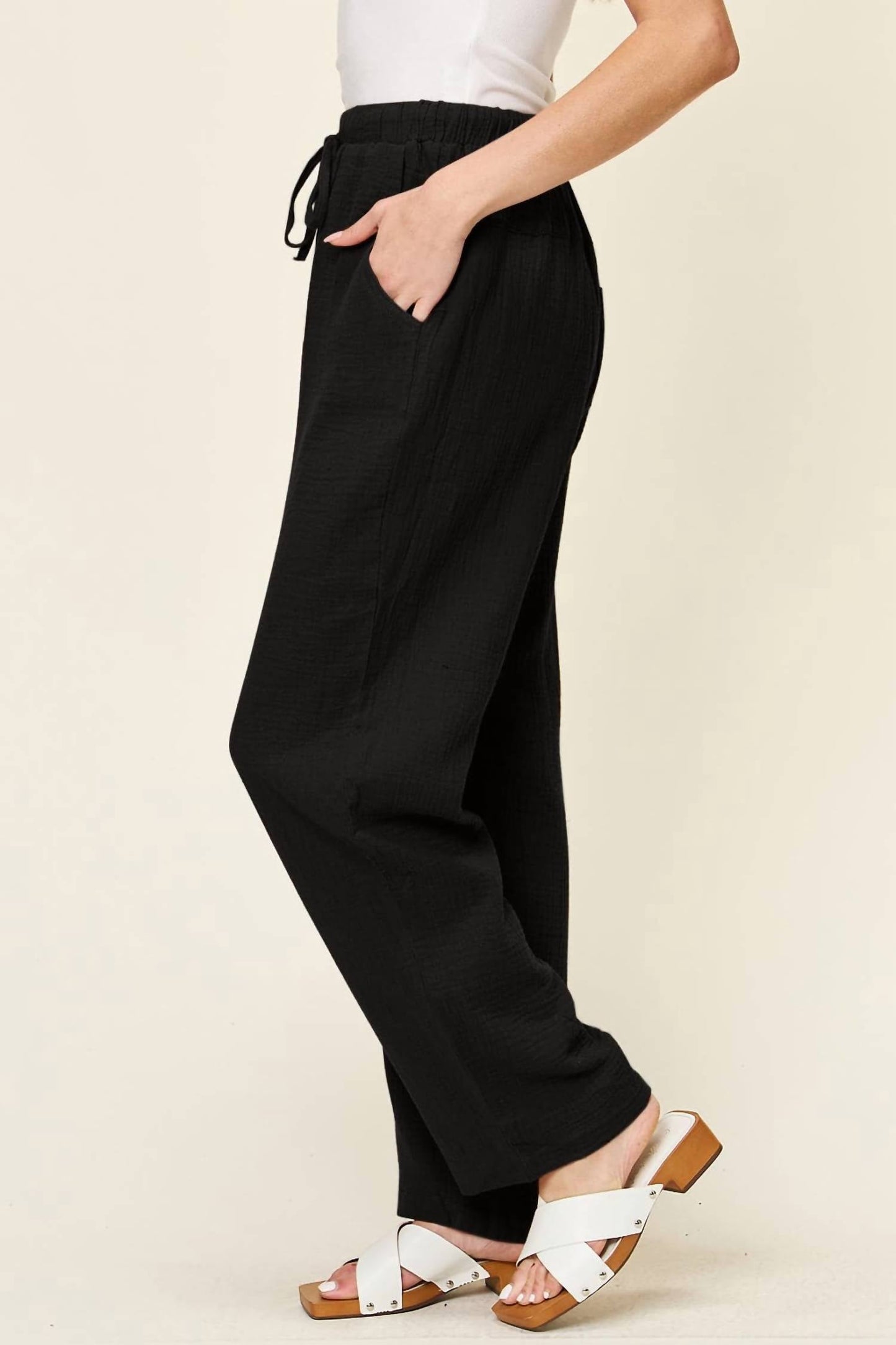 Double Take - Texture Drawstring Straight Pants
