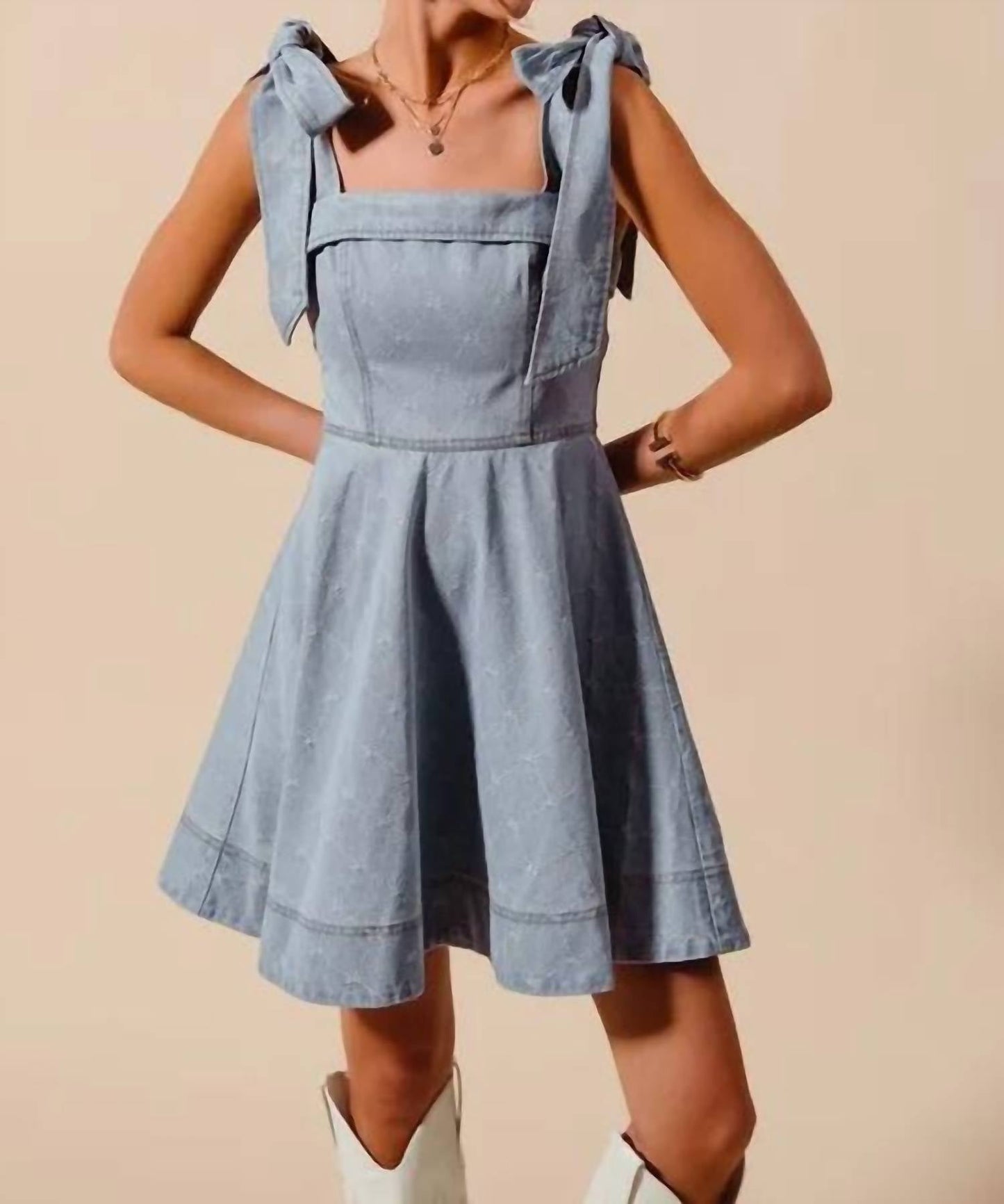 Trendsi - So Me A Line Fit And Flare Diamond Bow Ribbon Denim Dres