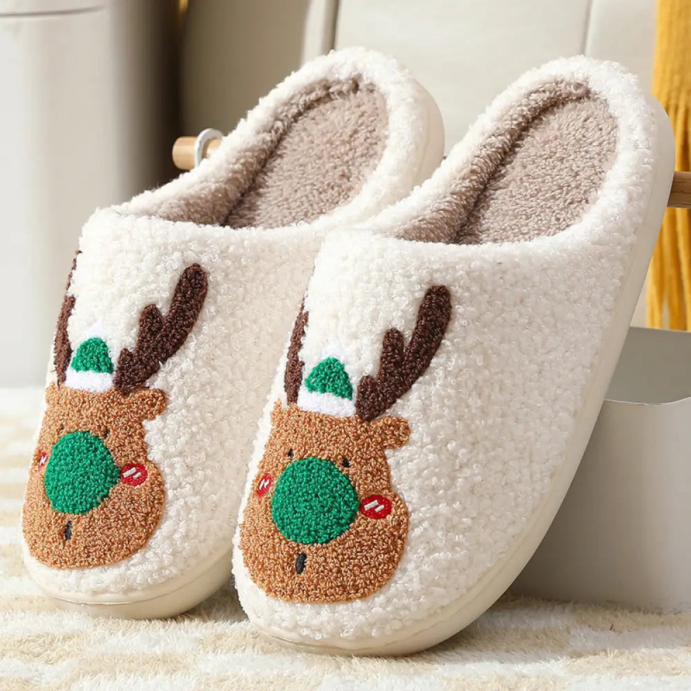 Reindeer Plush Christmas Slippers with Cozy Faux Fur