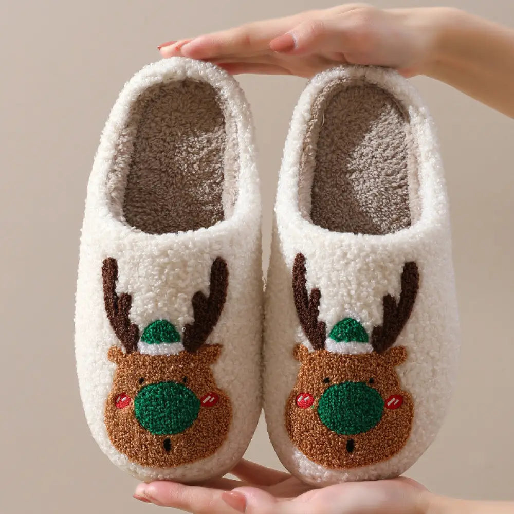 Reindeer Plush Christmas Slippers with Cozy Faux Fur