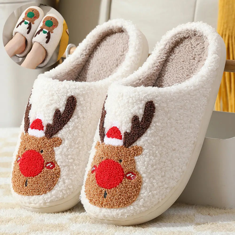 Reindeer Plush Christmas Slippers with Cozy Faux Fur