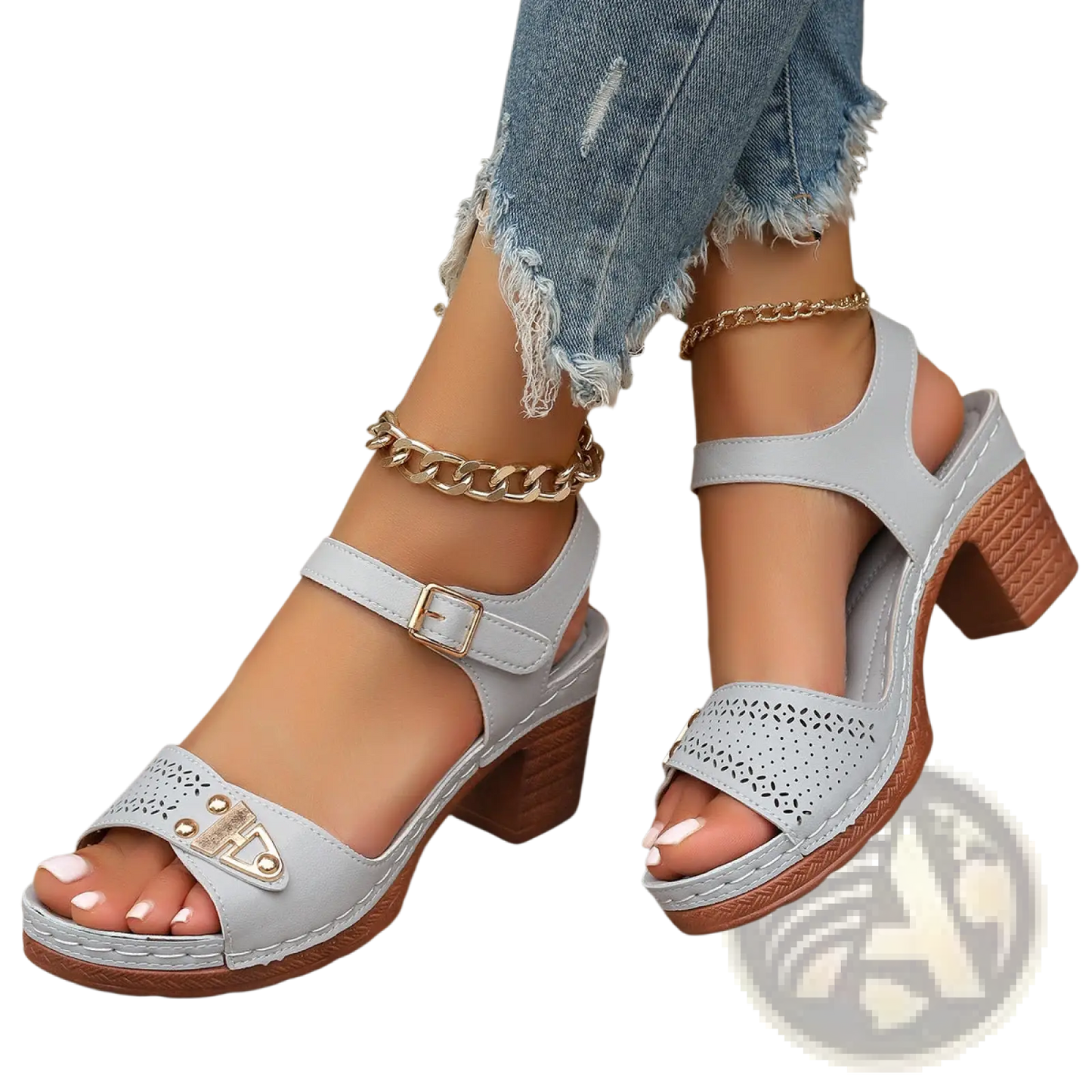 Chunky Heel Sandals with Buckle and Pigskin Lining
