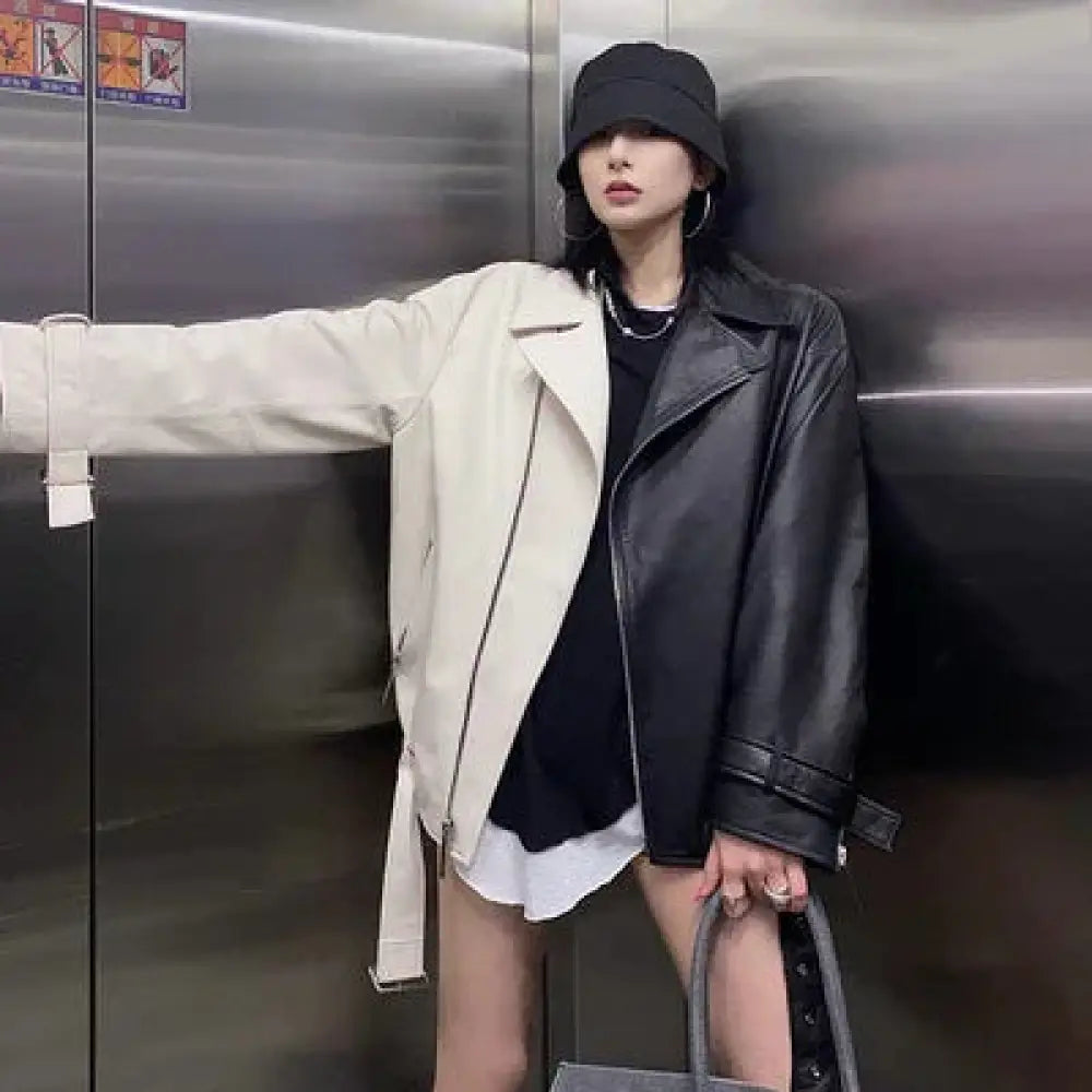 Women's Colorblock Loose Fit Pu Leather Biker Jacket