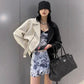 Women's Colorblock Loose Fit Pu Leather Biker Jacket