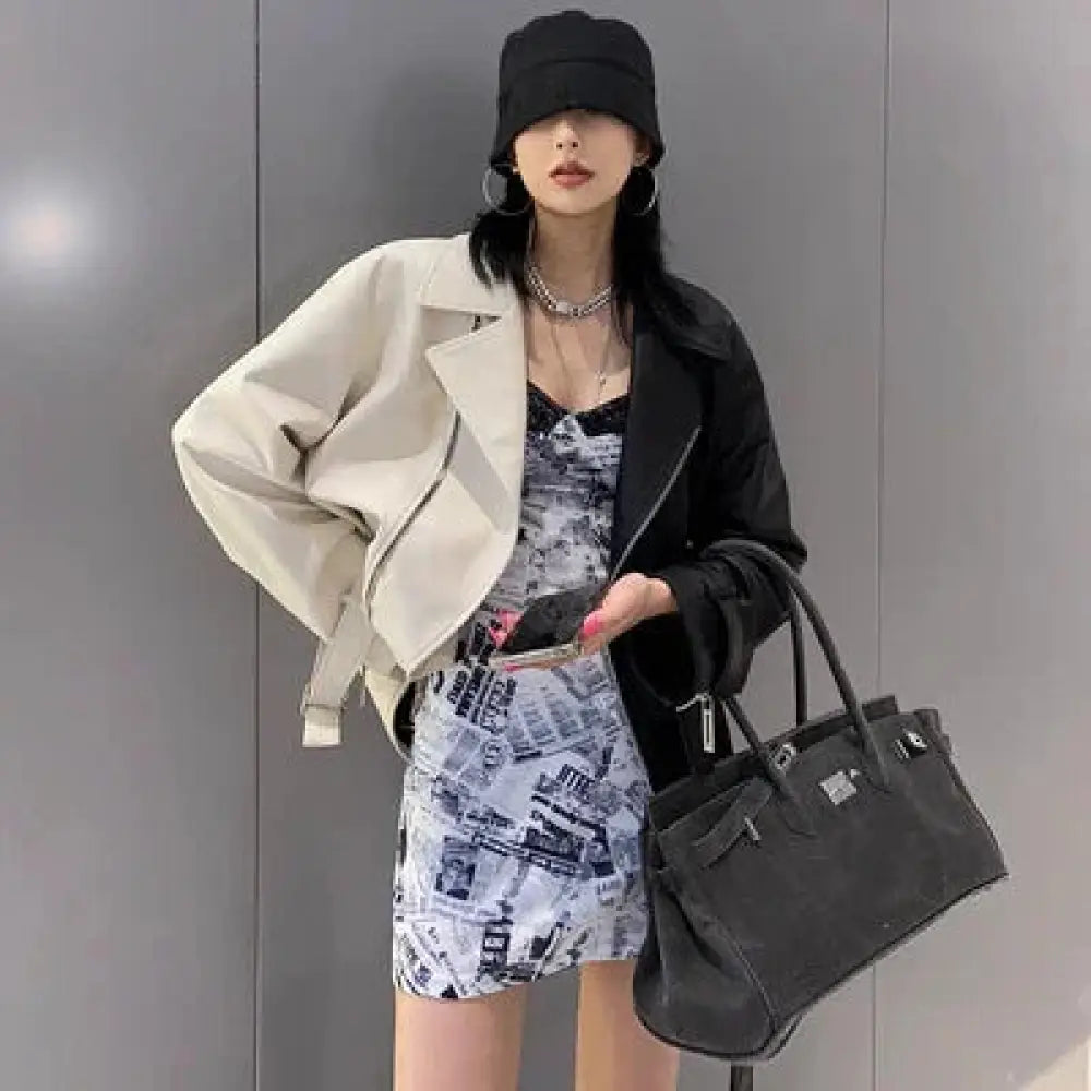 Women's Colorblock Loose Fit Pu Leather Biker Jacket