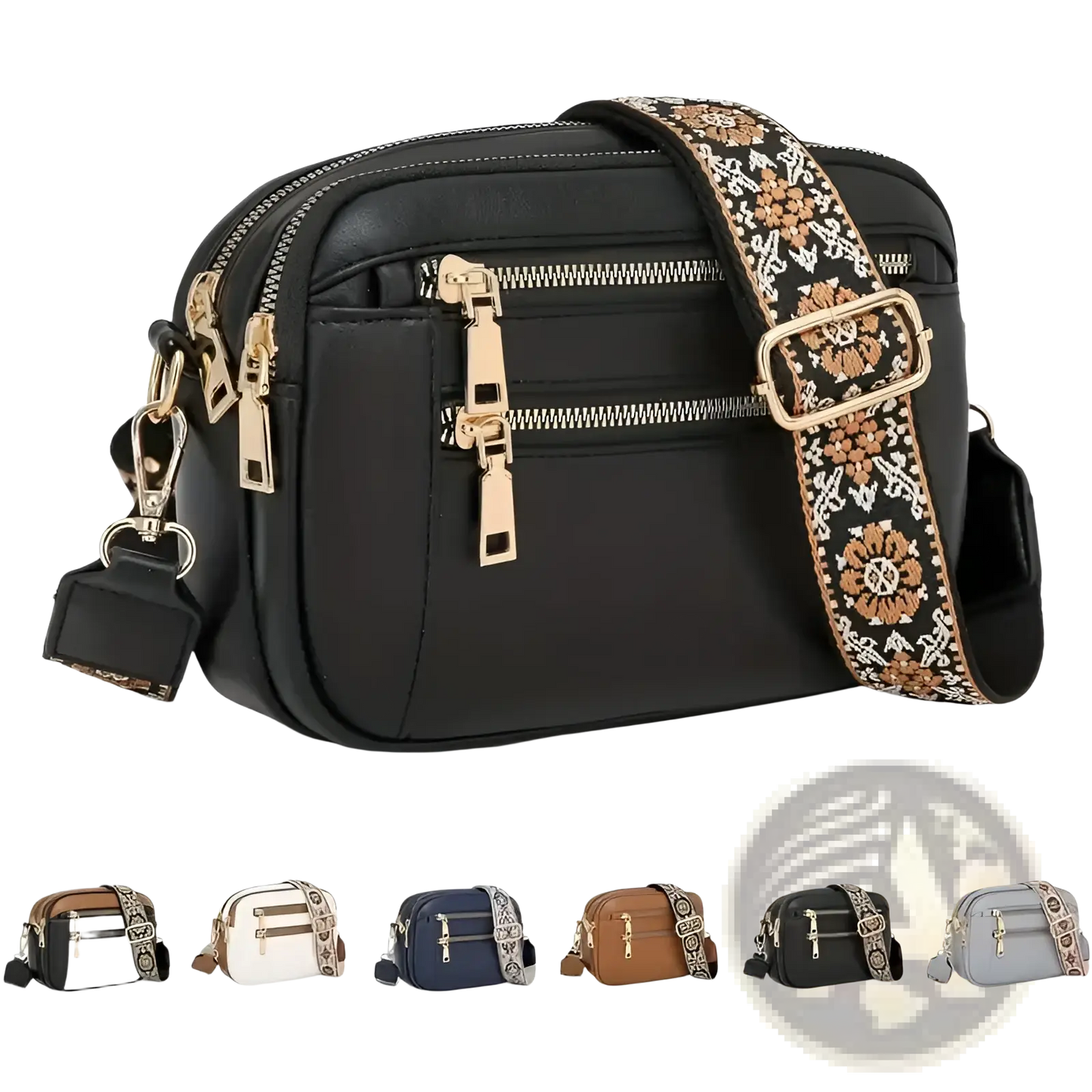 Colorblock Leather Crossbody Bag with Floral Strap