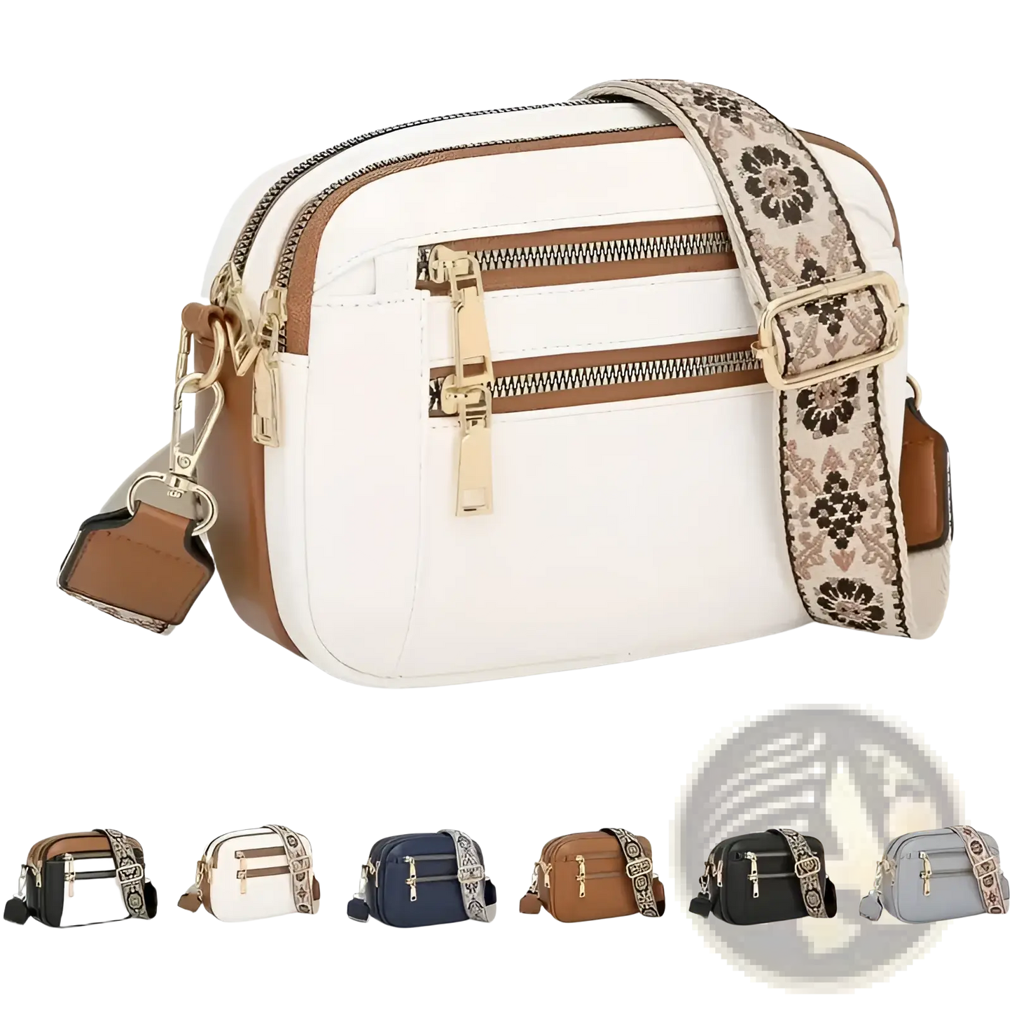 Colorblock Leather Crossbody Bag with Floral Strap