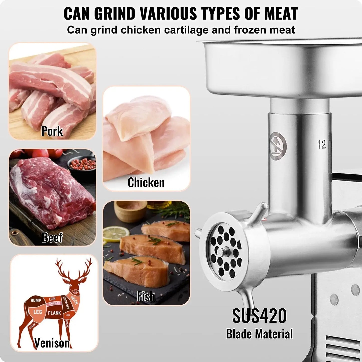 Commercial Meat Grinder 11 Lbs/min Stainless Steel 550w