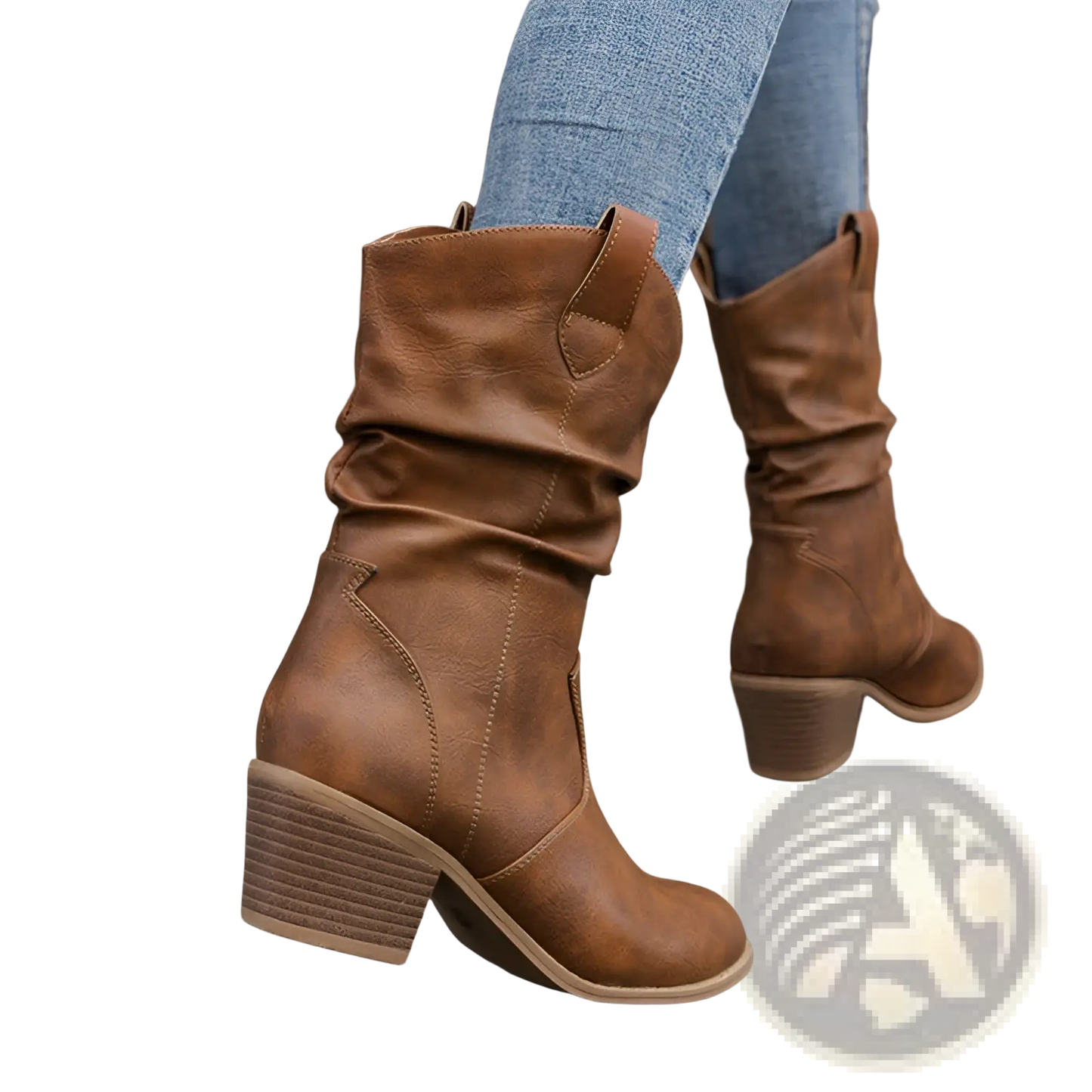 Cowboy Boots for Women Square Heel Mid Calf Pu Leather