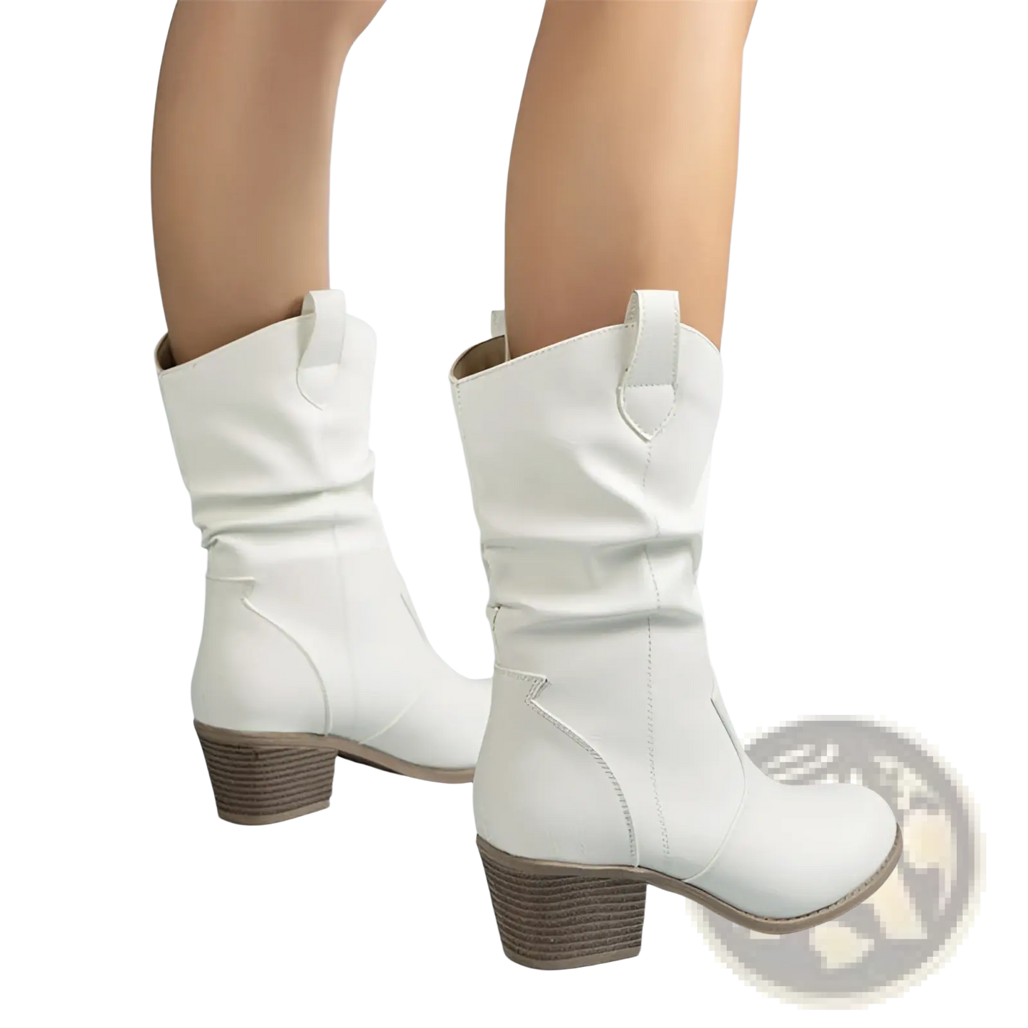 Cowboy Boots for Women Square Heel Mid Calf Pu Leather